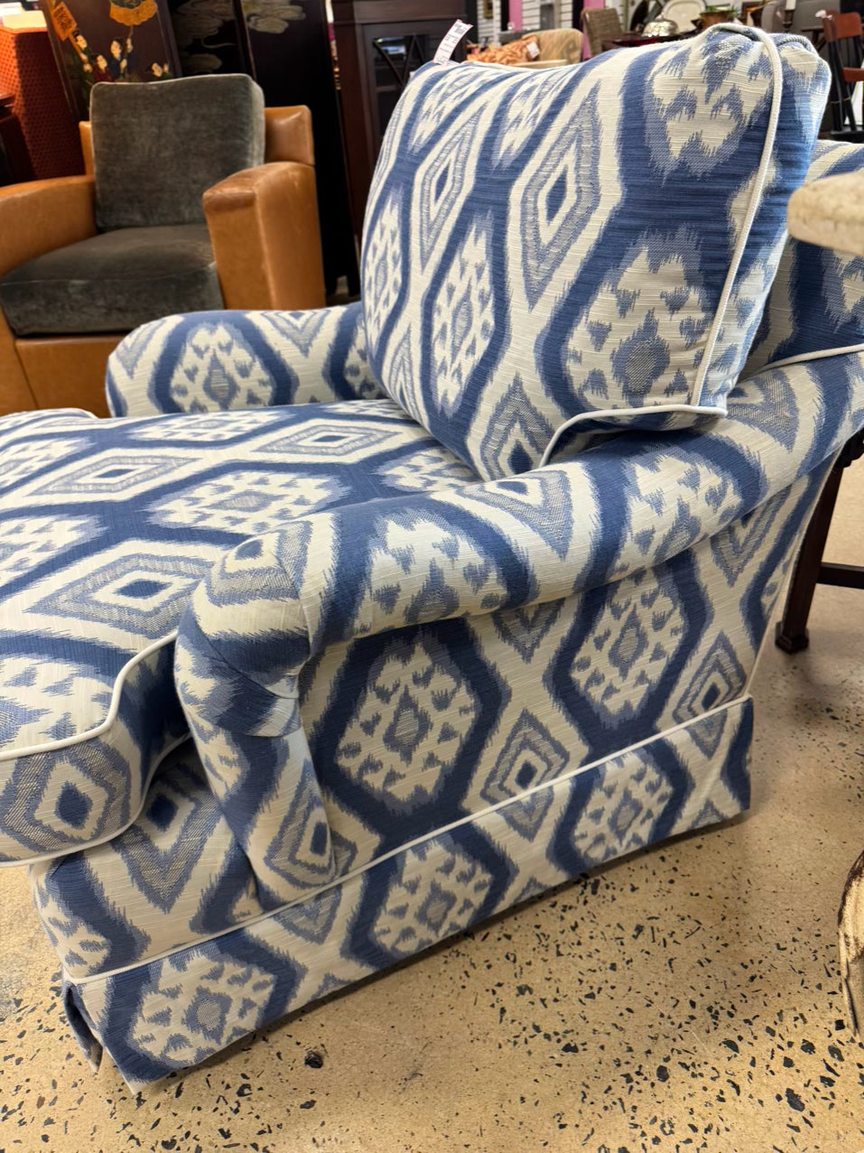 Blue & White Geometric Club Chair & Ottoman