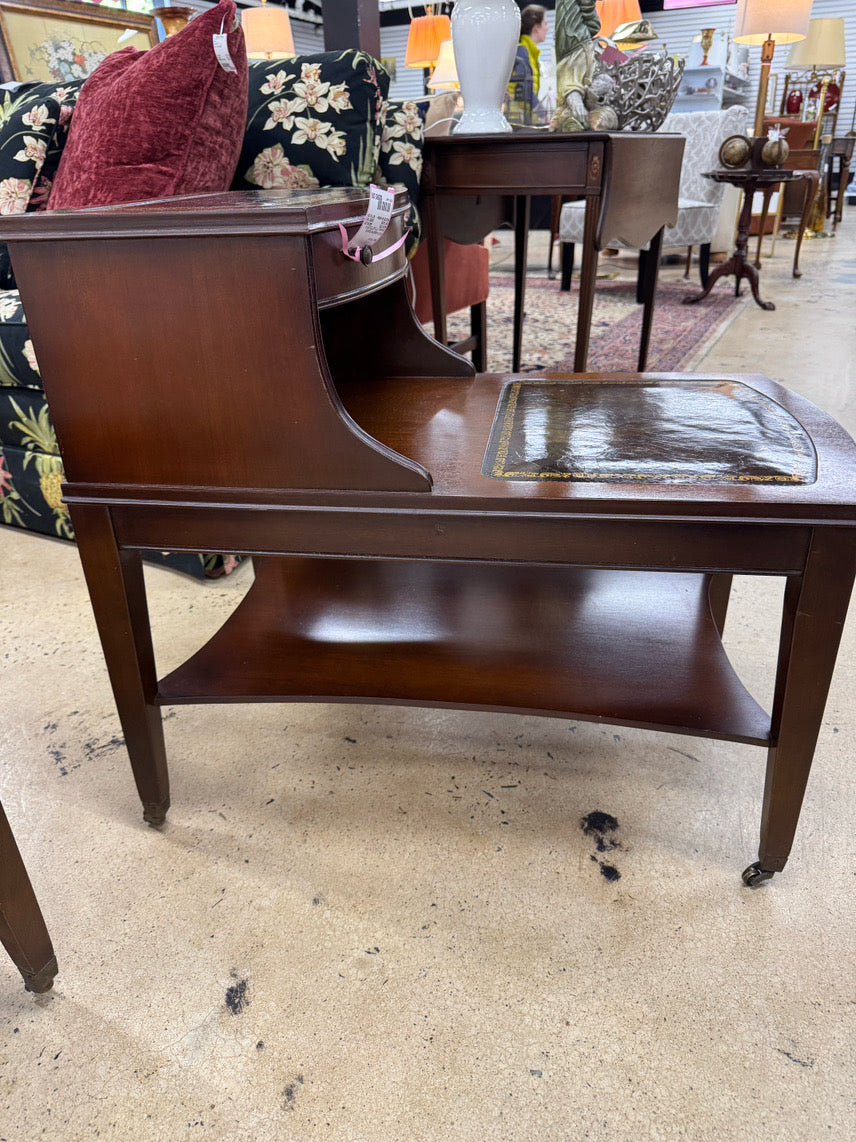 Wood Leather-Top 2-Tier Pair of End Tables