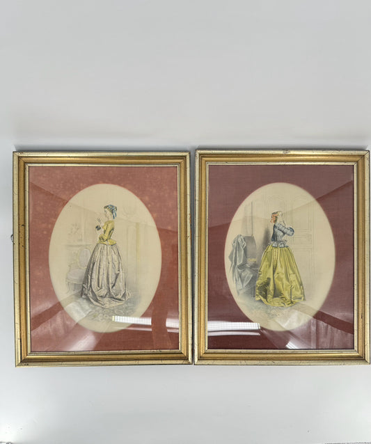 A. PINGOT Pair of Victorian Ladies in Pink Velvet Gold Leaf Frames