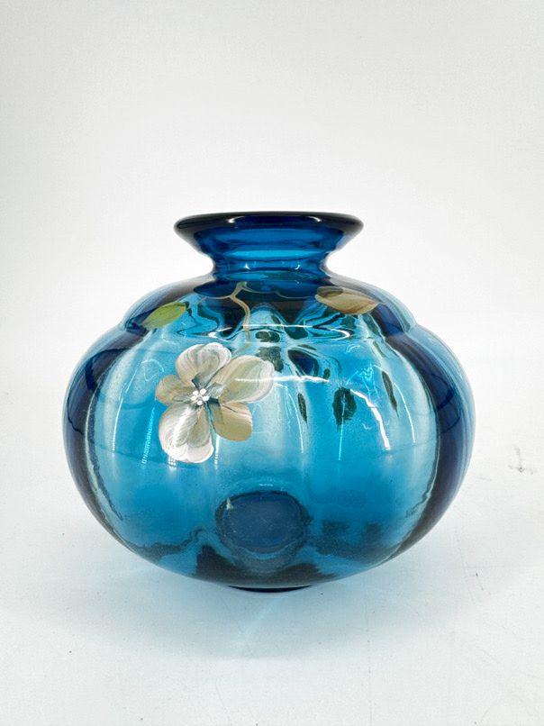 FENTON S. BRYAN Blue Glass Hand Painted Flowers Vase