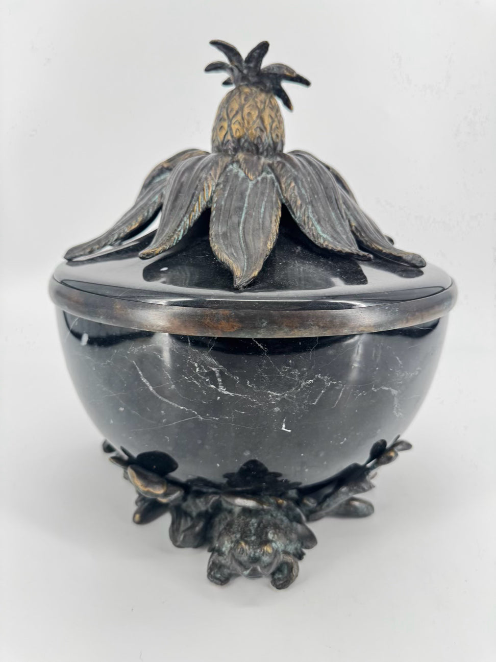 MAITLAND SMITH Black Marble & Metal Frogs & Pineapple Top Lidded Bowl