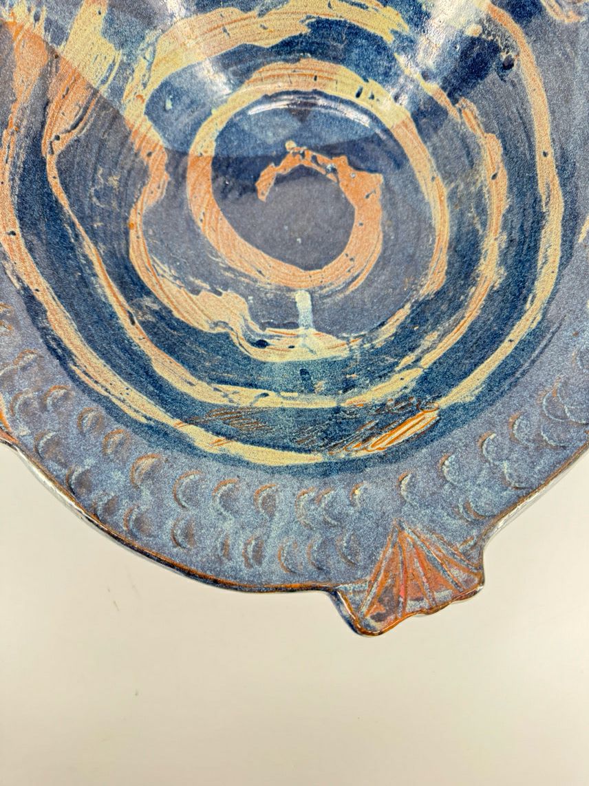 Blue & Tan Large Fish Pottery Bowl