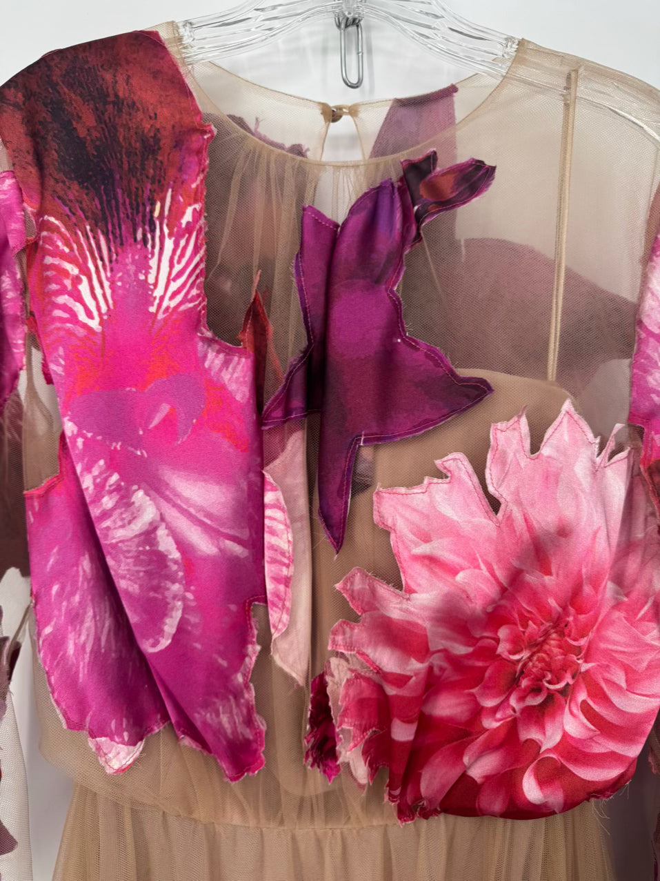 LUCIAN MATIS Size 12 Fuschia & Nude Tulle Floral Gown