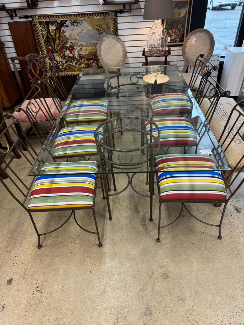 Wrought Iron & Glass Table w/ 6 Multicolor Stripe Upholstered Chairs