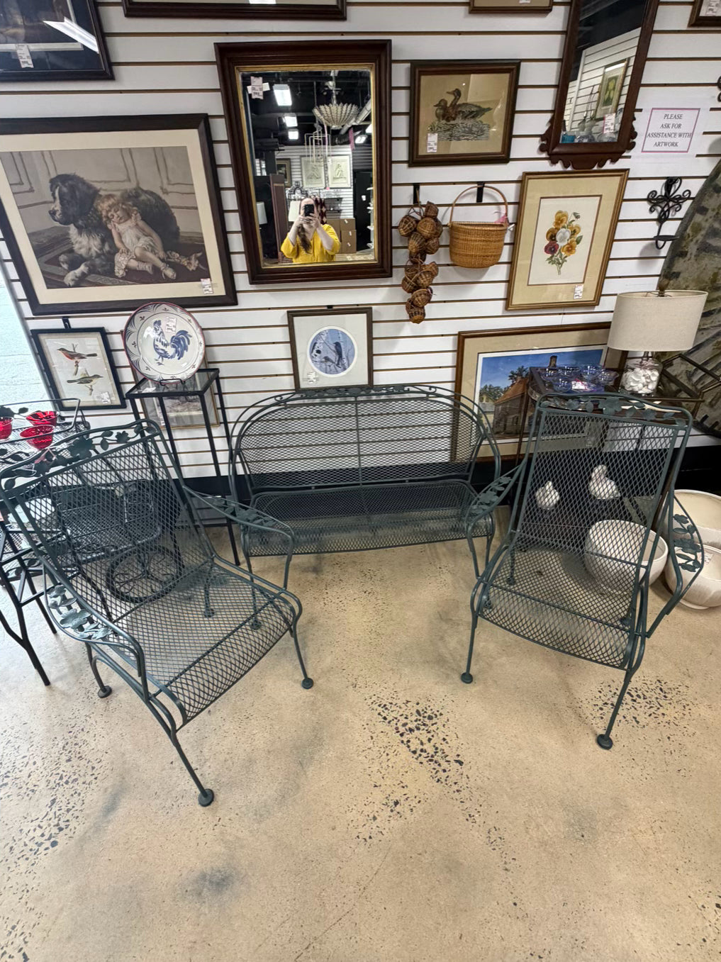 VINTAGE Green Wrought Iron Outdoor Sofa & 2 Chairs Patio Set