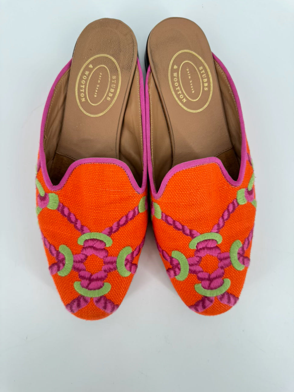 STUBBS & WOOTTON Size 9.5 Orange & Pink Leather & Fabric Knot Mules