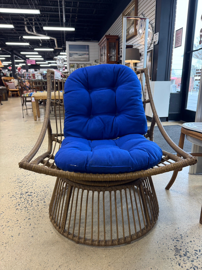 Tan Wicker Chair w/ Blue Cushions