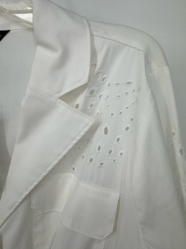 WHITE HOUSE BLACK MARKET Size L White Eyelet Tie Waist Blouse NWT