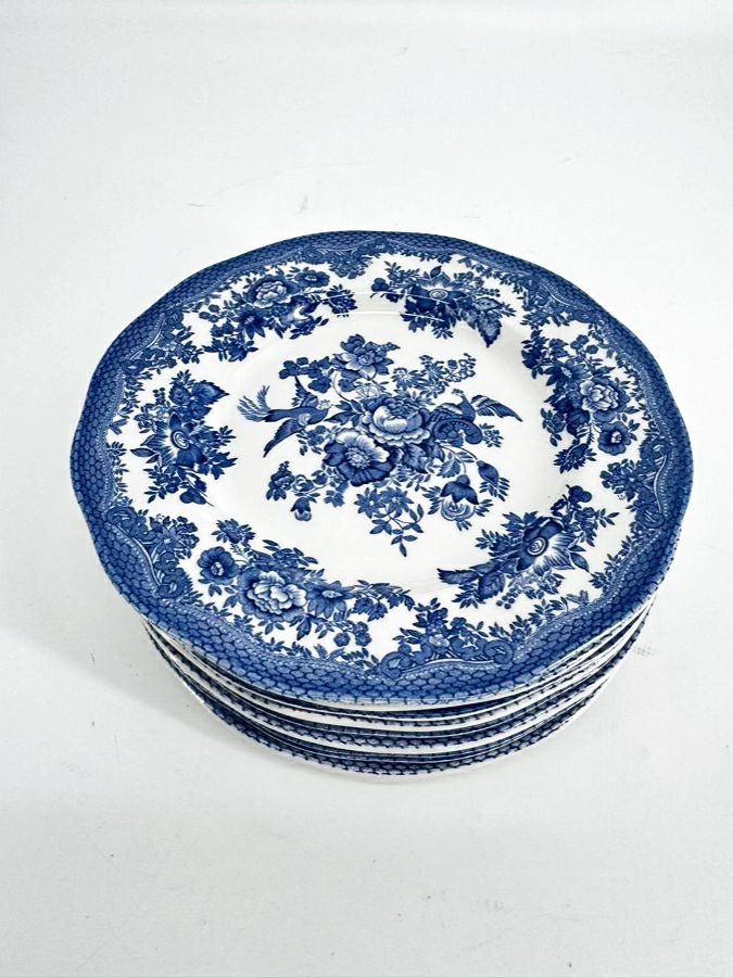 JOHNSON BROS. Blue & White Porcelain "Asiatic Pheasant" Set of 9 Salad Plates