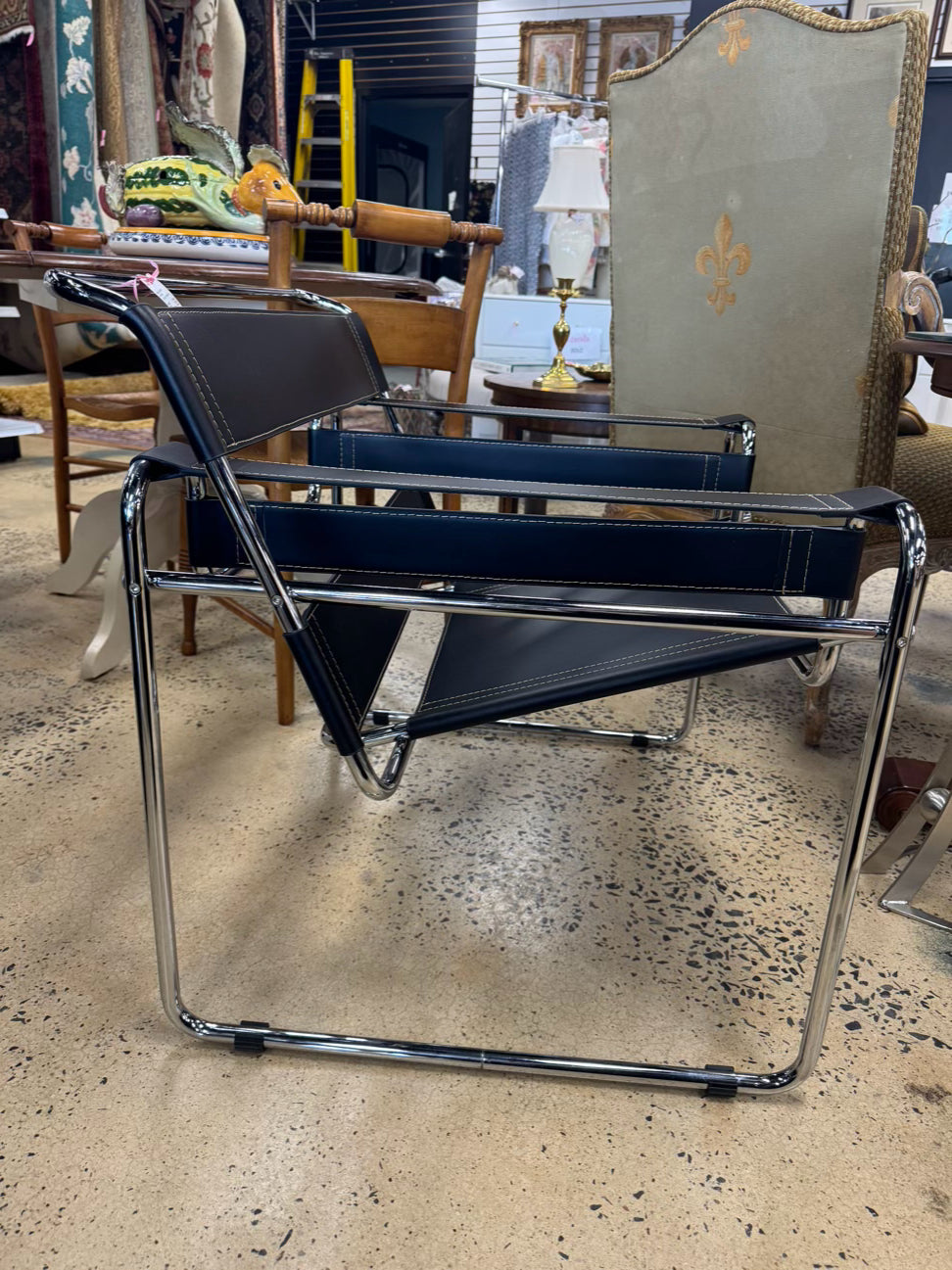 Silver & Black Metal & Faux Leather Mid Century Modern Chair