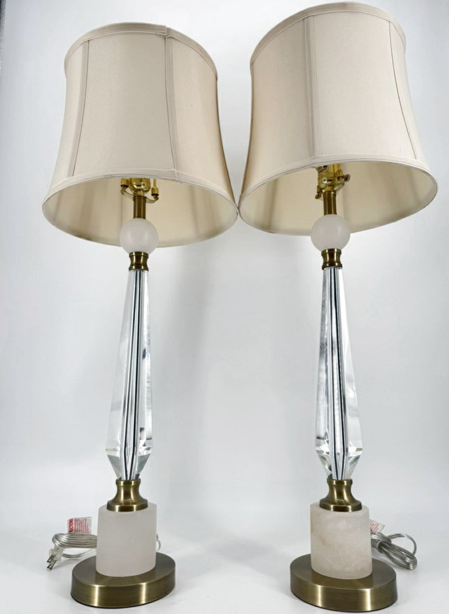 Crystal, Polished Metal, & Alabaster Pair of Lamps