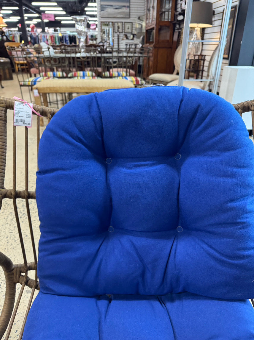 Tan Wicker Chair w/ Blue Cushions