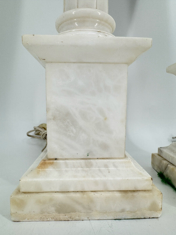 White Alabaster Neoclassical Column Pair of Lamps
