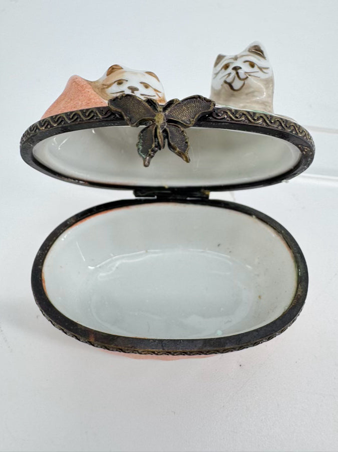 LIMOGES Peach & White Cats Wrapped in Blanket Ceramic Trinket Box