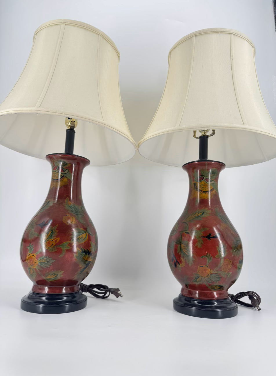 Brick & Green Flowers Ceramic Pair of Lamps