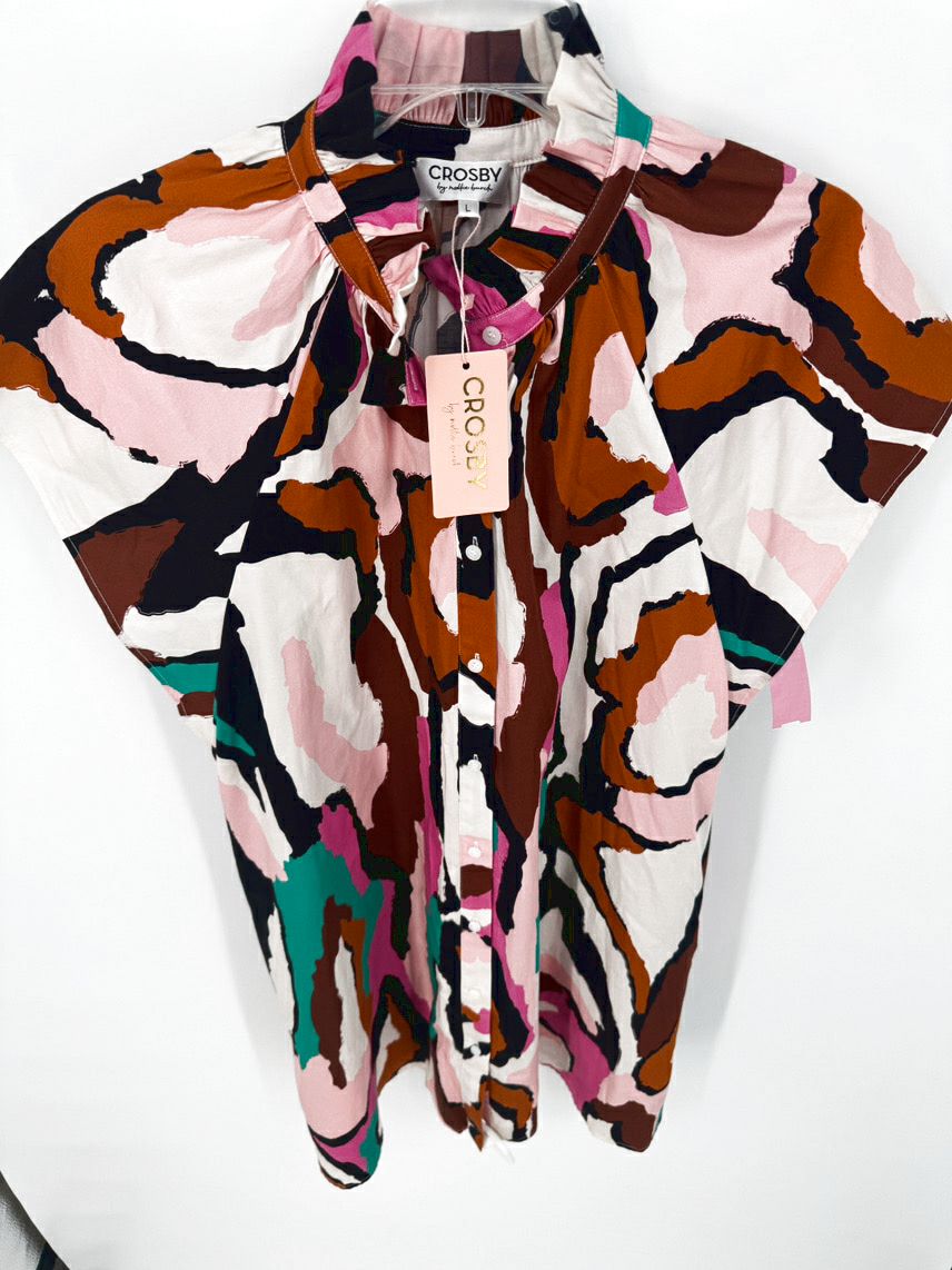 CROSBY BY MOLLIE BURCH Size L Peach & Brown Print Wilhelmina Dress NWT
