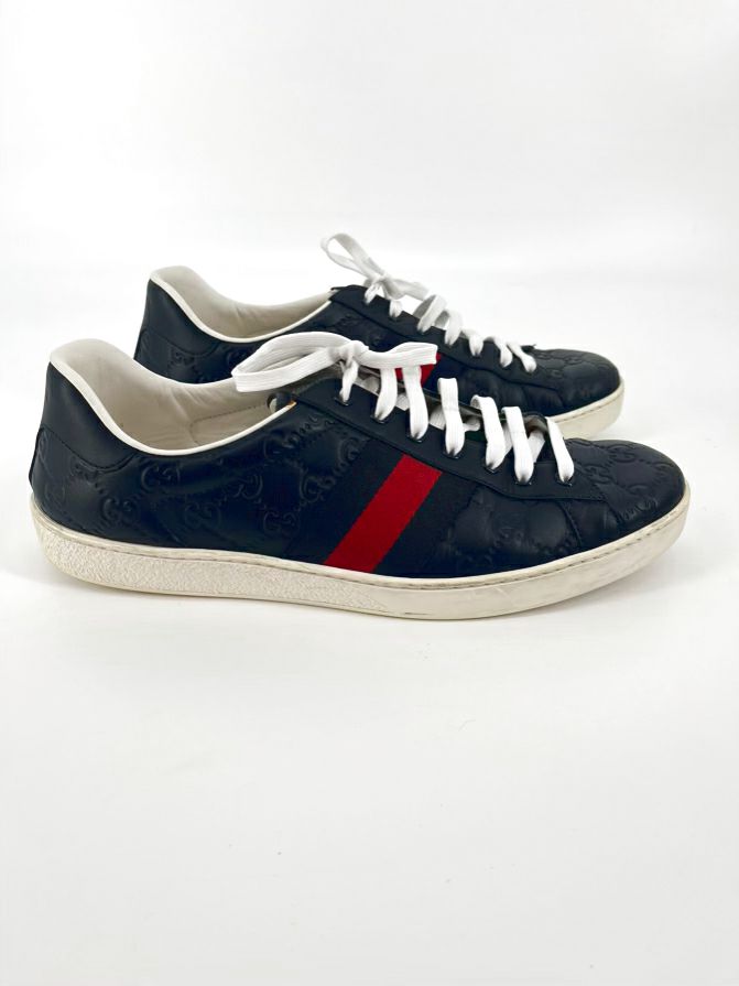 GUCCI Size 11 Navy & Red Leather Logo Ace Sneakers