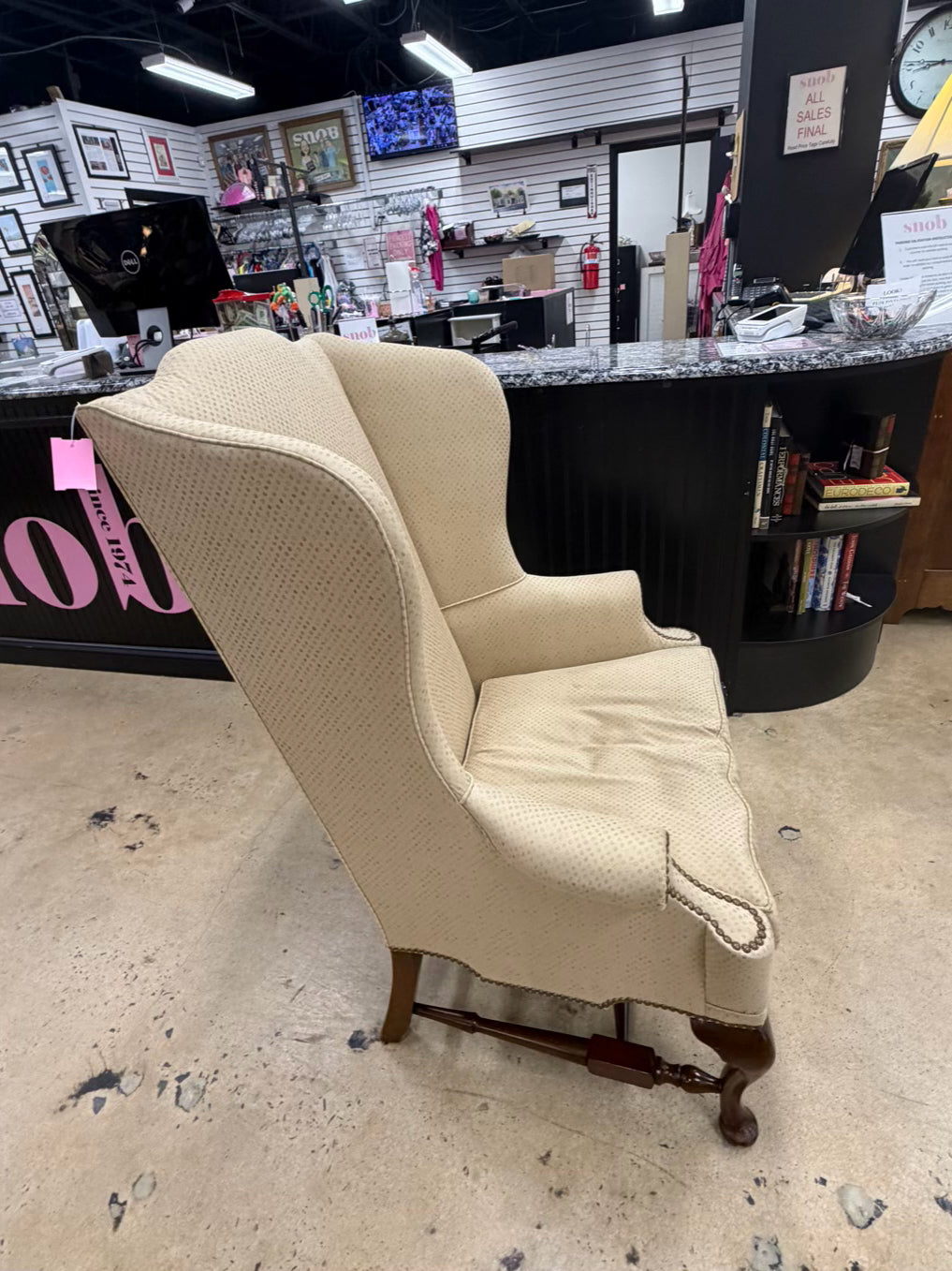 VINTAGE Queen Ann Ivory Pair Of Wingback Chairs w/ Nail Head Detail