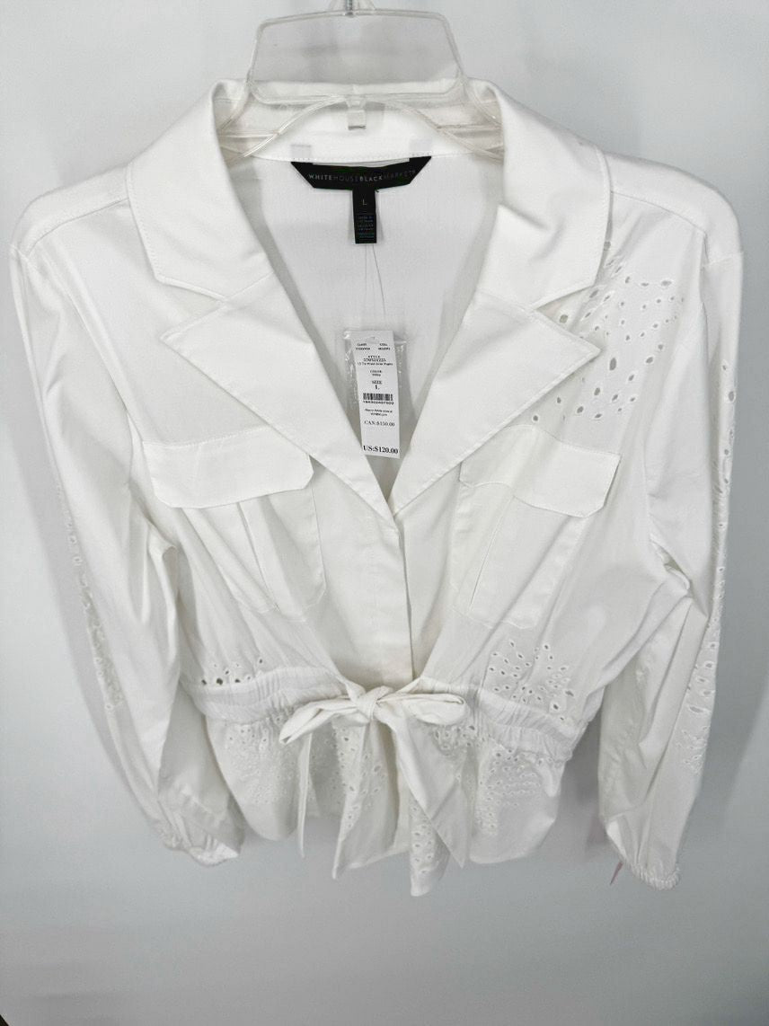 WHITE HOUSE BLACK MARKET Size L White Eyelet Tie Waist Blouse NWT