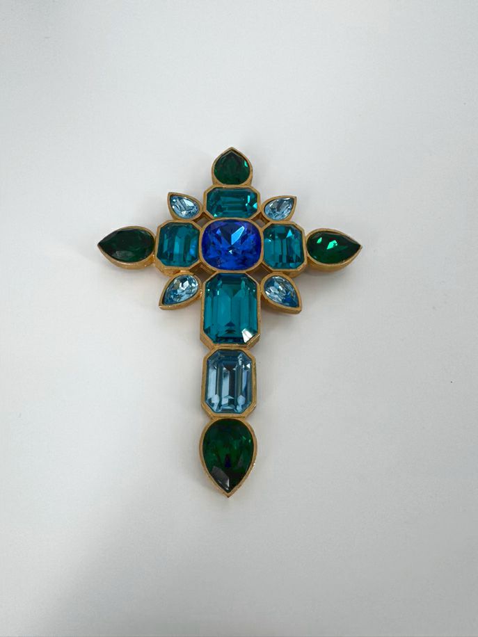 MARY FROST Gold Tone Colorful Rhinestones Cross Brooch