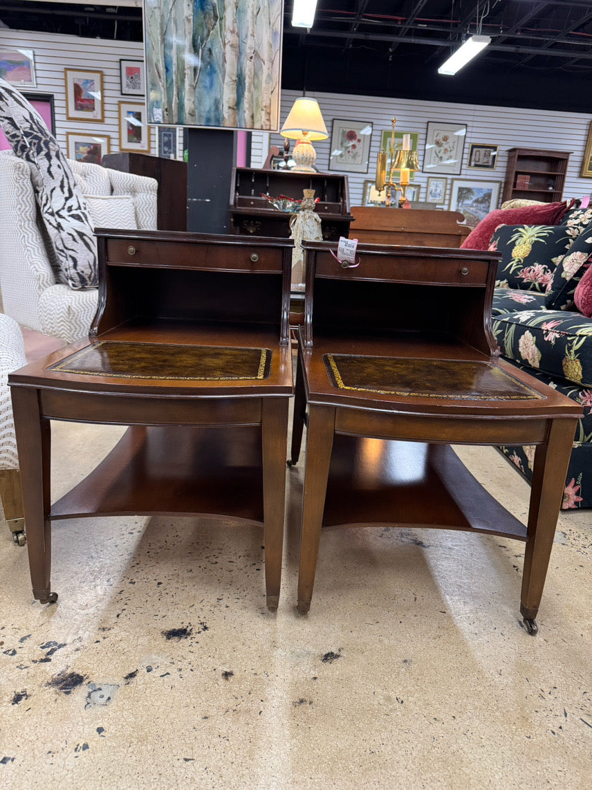 Wood Leather-Top 2-Tier Pair of End Tables