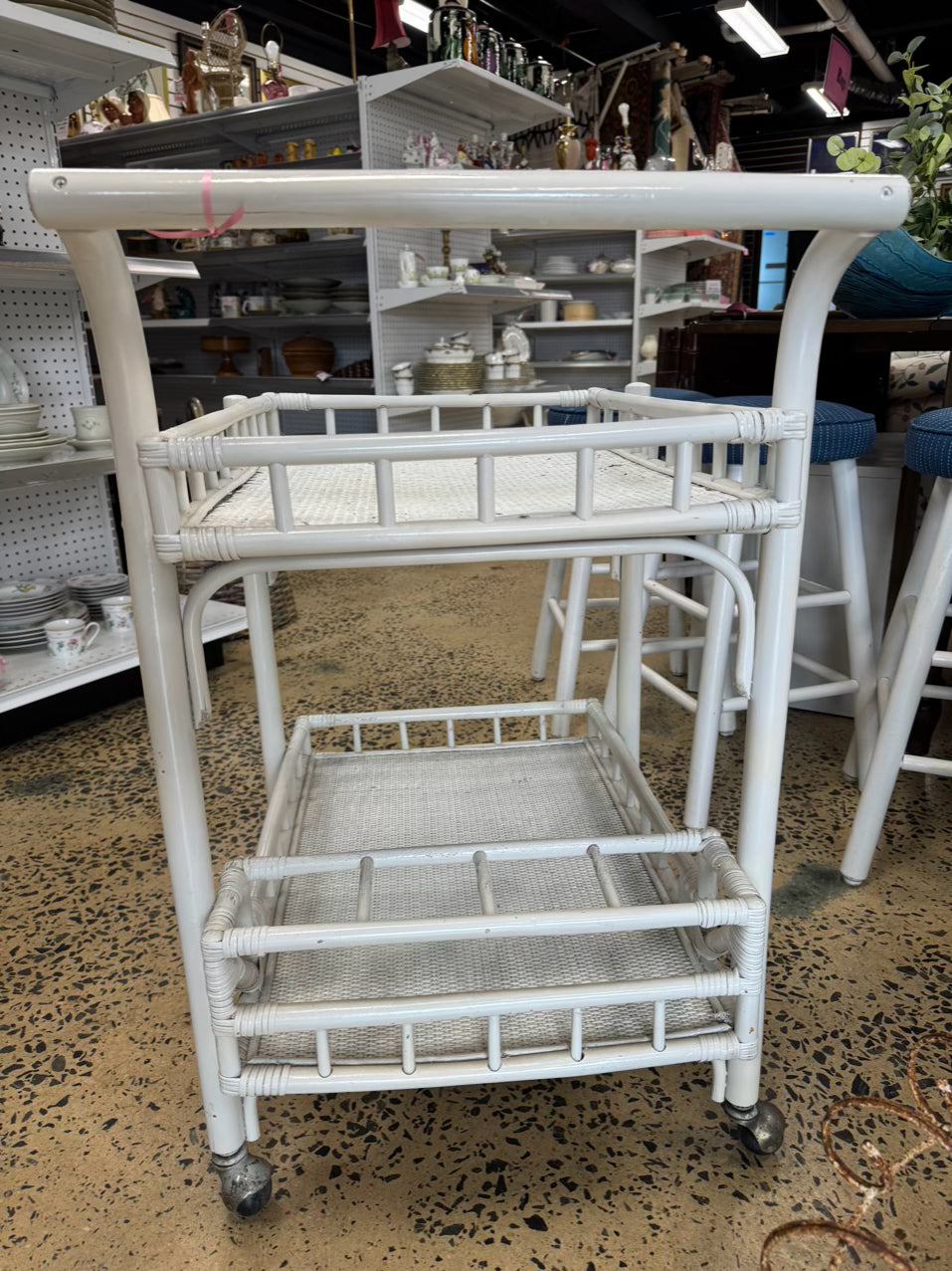 VINTAGE White Painted Bamboo Bar Cart