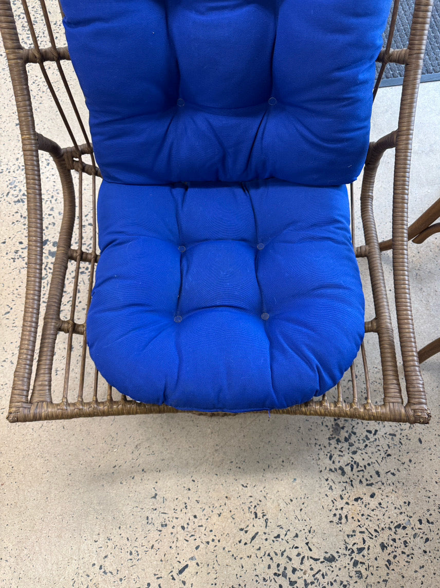 Tan Wicker Chair w/ Blue Cushions