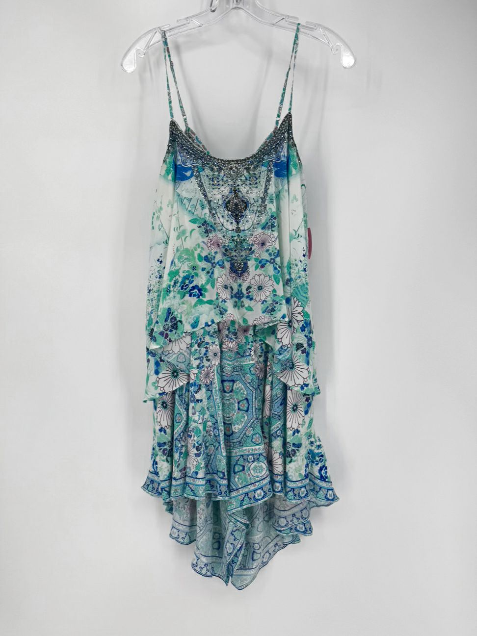 CAMILLA Size L Teal Floral Jeweled Silk Romper