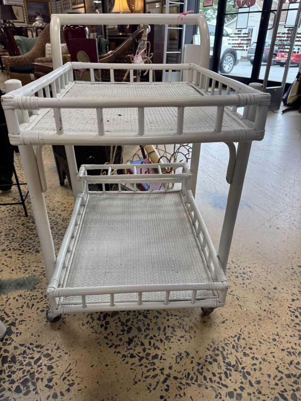VINTAGE White Painted Bamboo Bar Cart