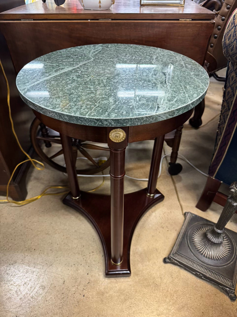 Green Marble & Wood Round Empire Side Table