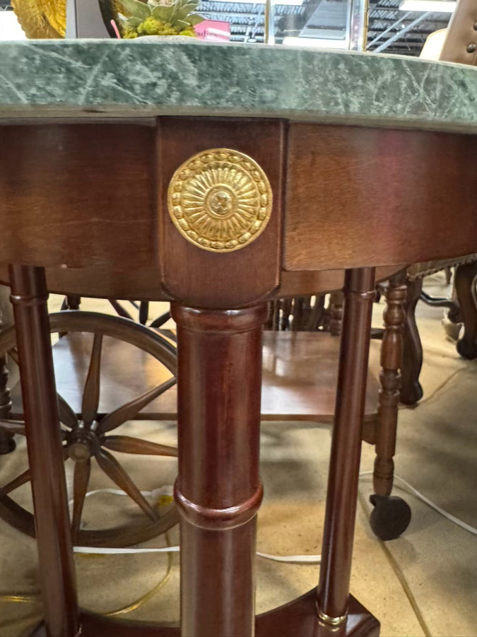 Green Marble & Wood Round Empire Side Table