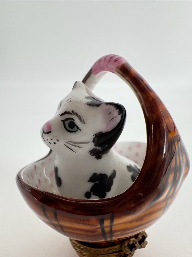 LIMOGES Brown, Black & White Cat in Basket Ceramic Trinket Box