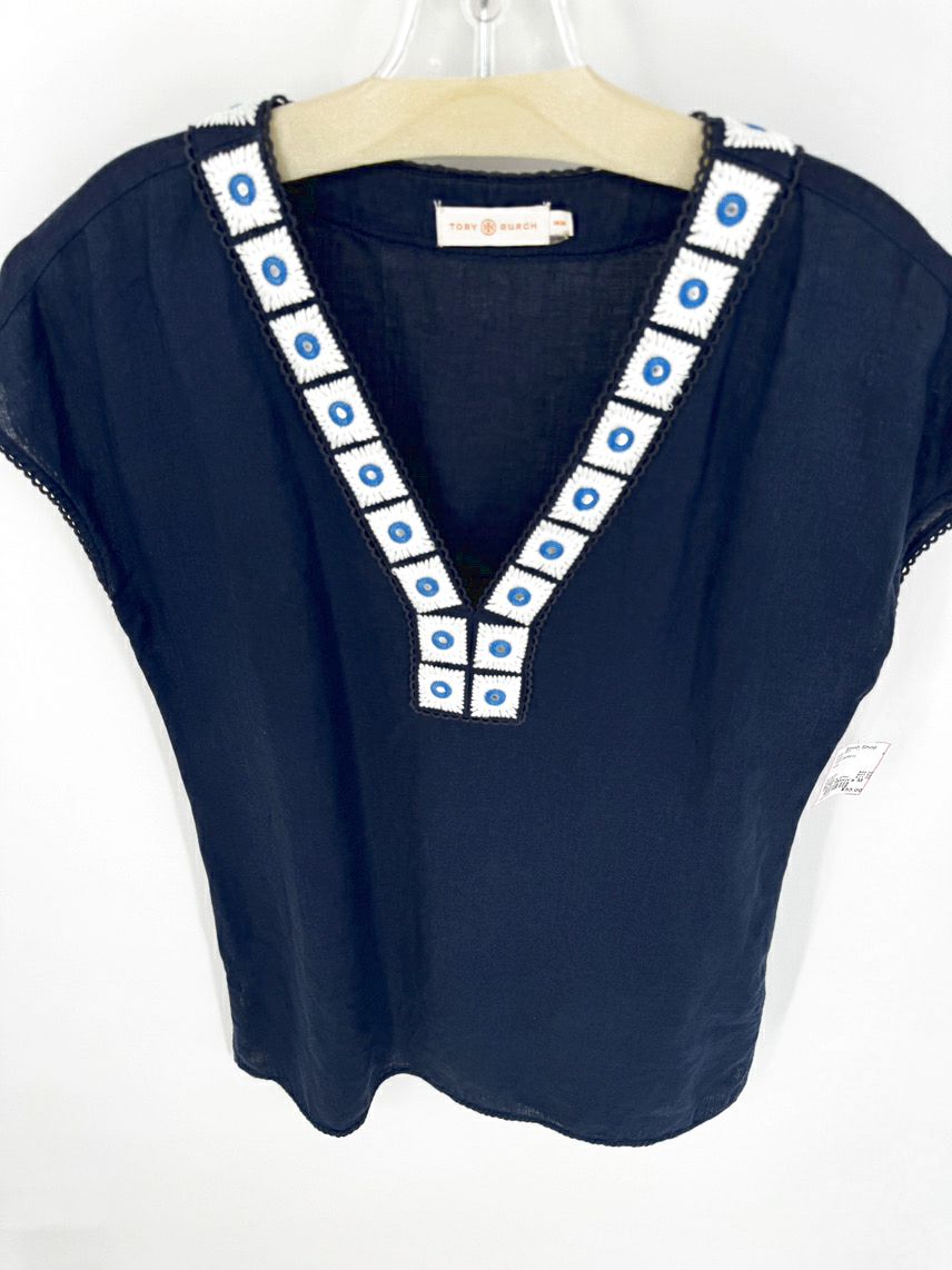 TORY BURCH Size M Navy Embroidered Neck Tunic