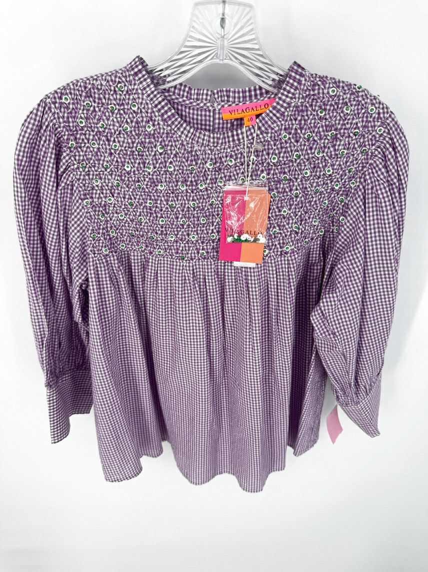 VILAGALLO Size 40 Purple & White Check Beaded Detail Katie Top NWT