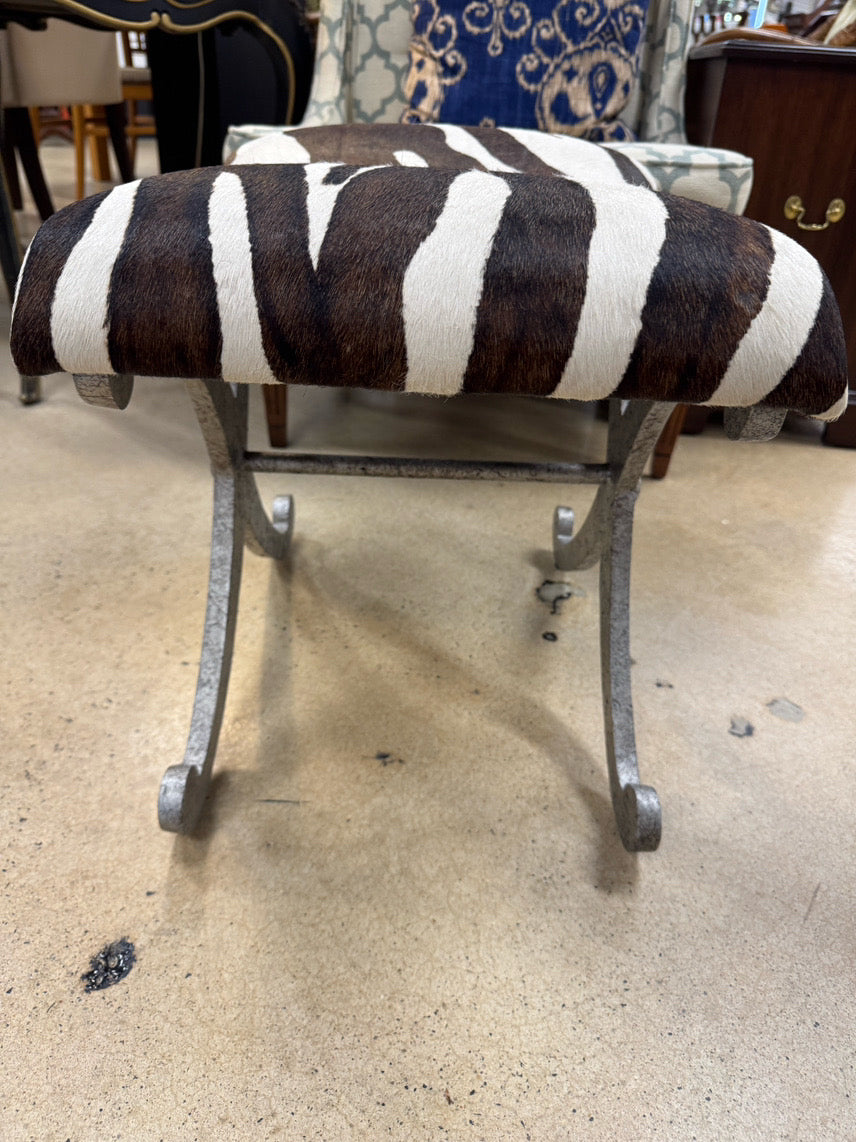 Brushed Silver Metal & Zebra Print Fabric Foot Stool