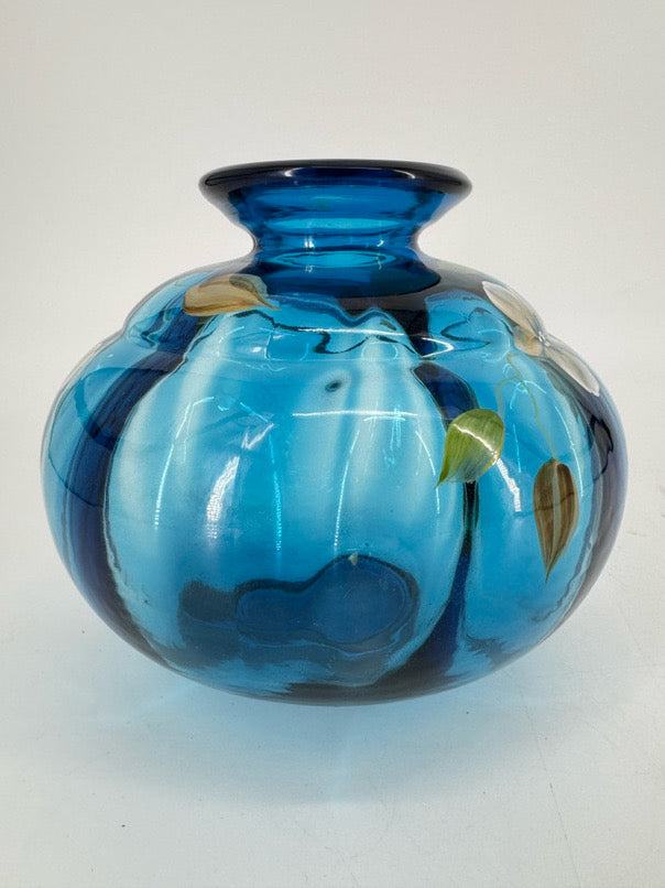 FENTON S. BRYAN Blue Glass Hand Painted Flowers Vase