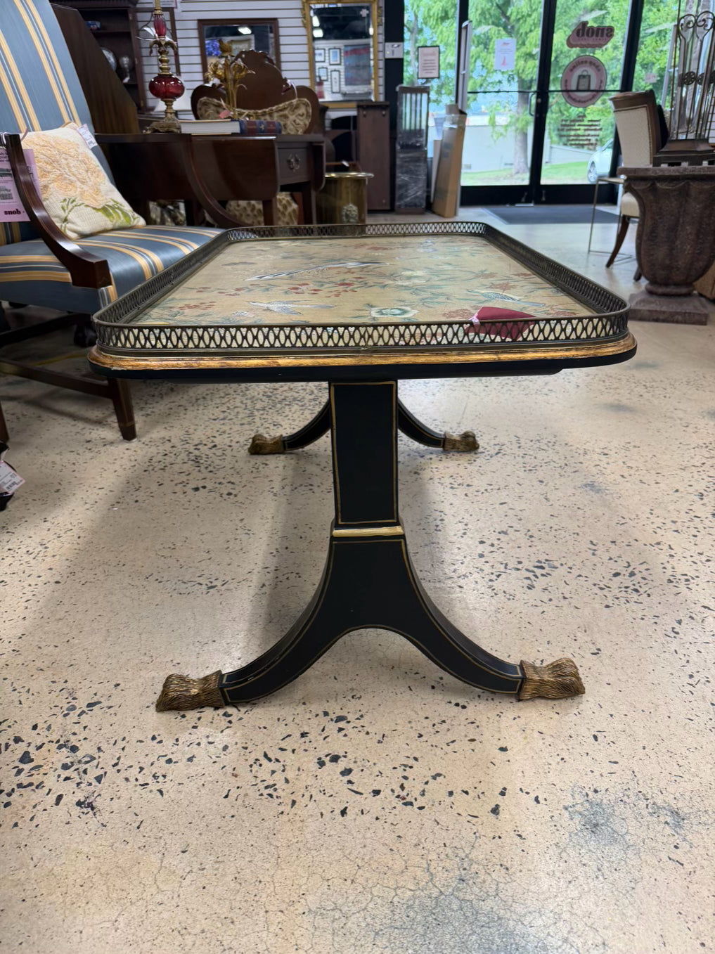 Black & Cream Chinoiserie Wood Birds & Flowers Coffee Table