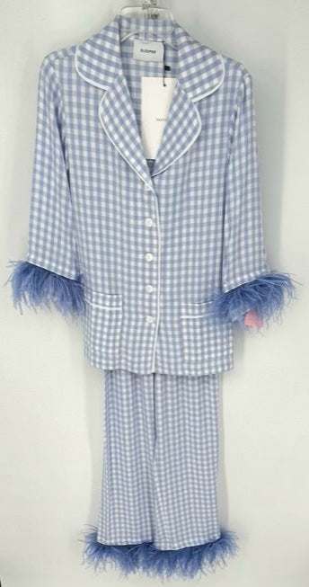 SLEEPER Size XS Periwinkle Feather Trim Checkered Pajama Set NWT