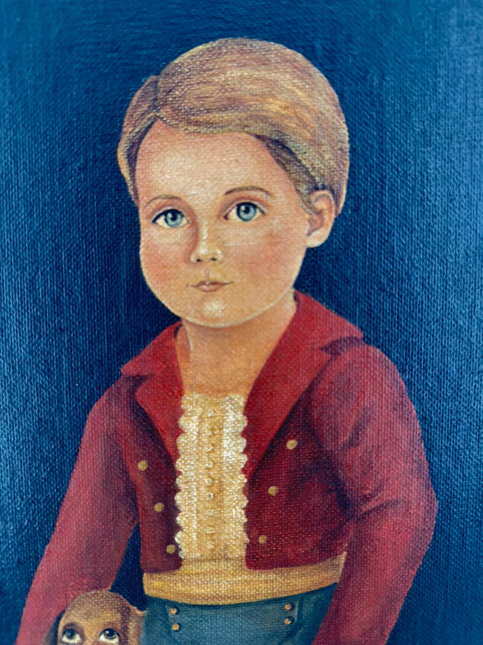 BETTY MCCOOL Vintage Look Boy w/ Dog Painting in Wood Frame
