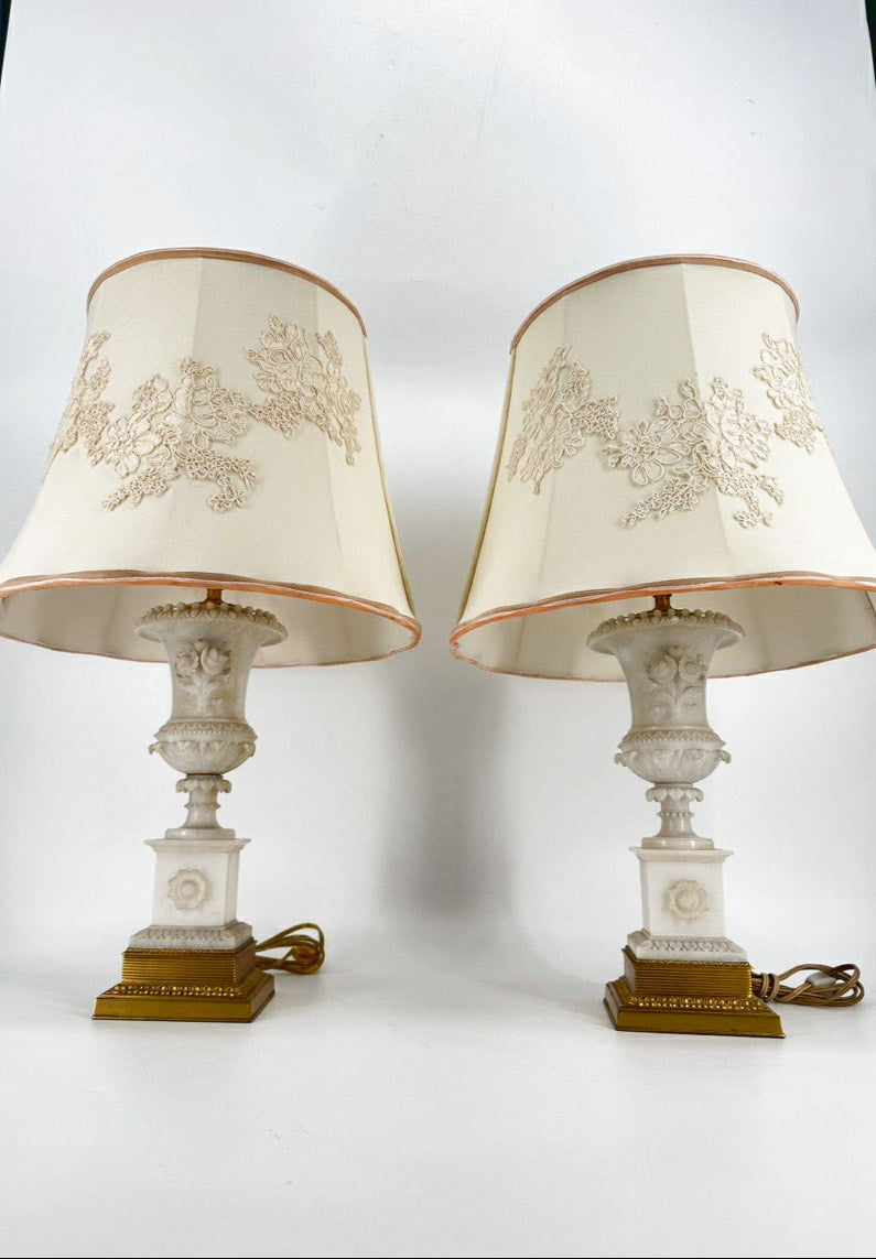 White Carved Alabaster w/ Brass Trim & Lace Embroidered Shade Pair of Lamps