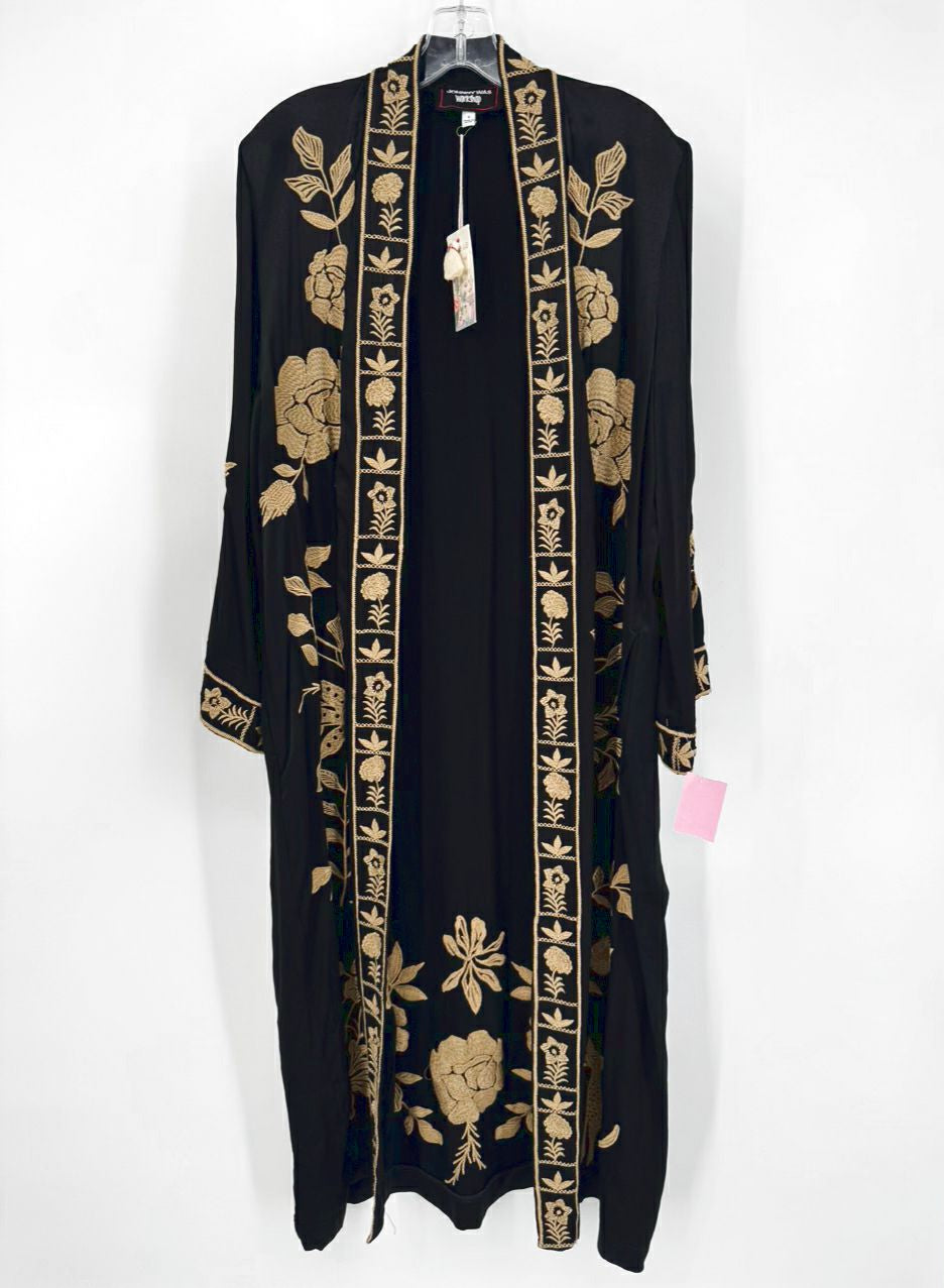 JOHNNY WAS Size S Black & Gold Embroidered Floral Martina Long Kimono NWT