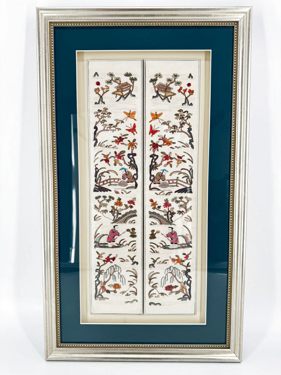 Cream Needlework Embroidered Silk Panels in Brushed Silver Shadow Box Frame