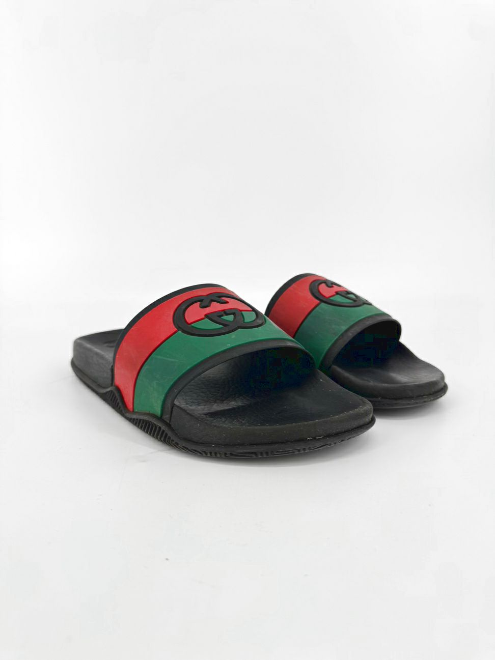 GUCCI Size 8.5 Black, Red & Green Rubber Slides