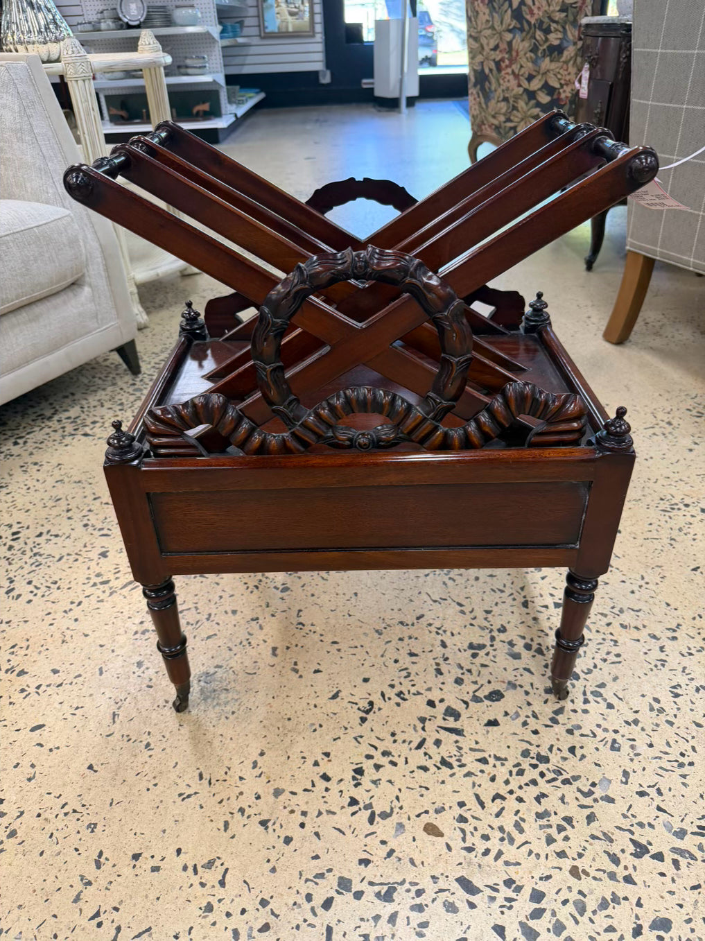 ENGLISH Dark Mahogany Canterbury Rack Magazine Stand w/ Bottom Drawer