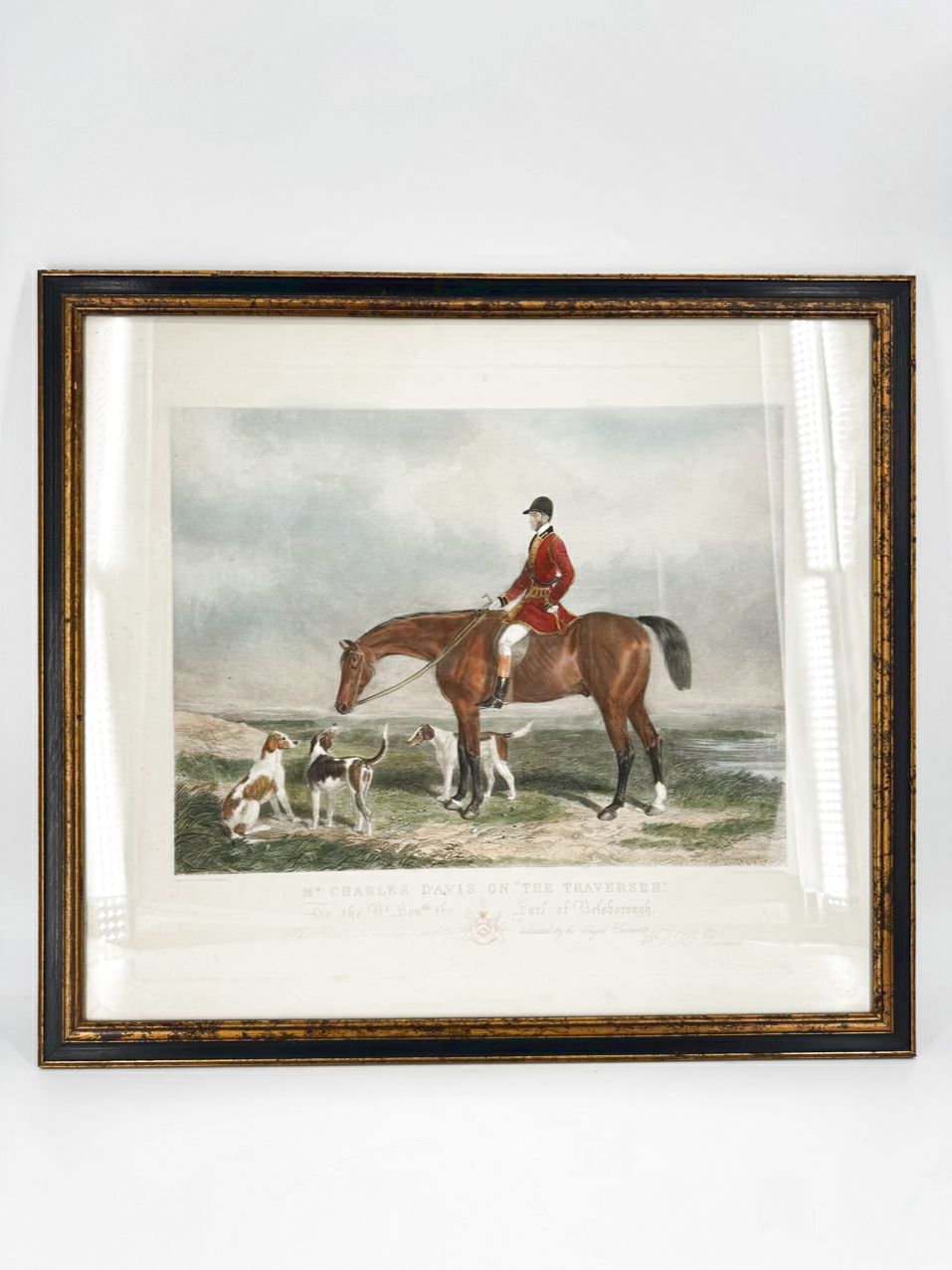 ANTIQUE W&H BARRAUD "Mr. Charles Davis on the Traverse" Engraving in Black & Gold Frame