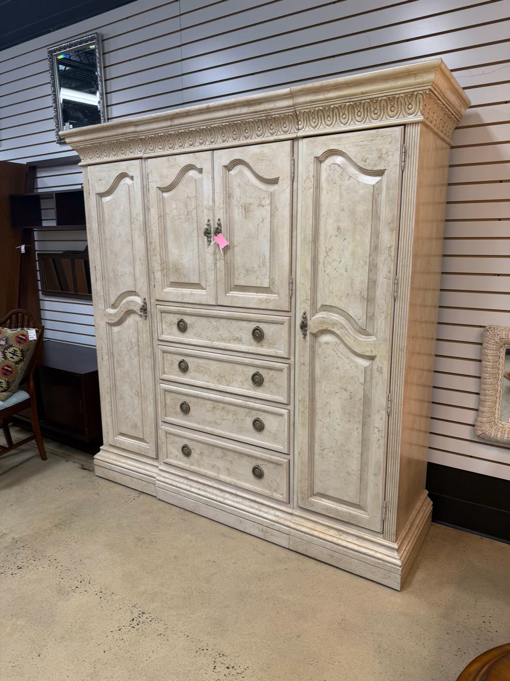 BERNHARDT Cream Wood Central Cabinet Armoire w/ 2 Side Units
