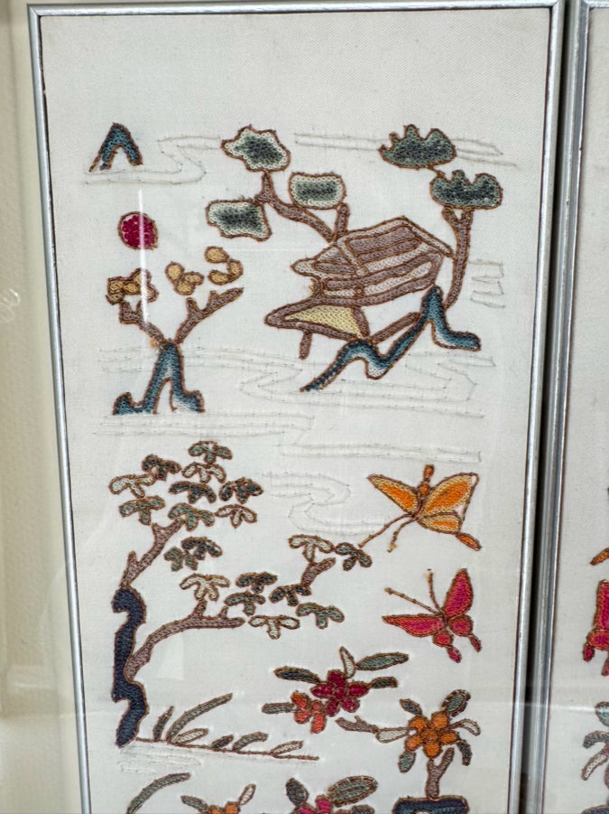 Cream Needlework Embroidered Silk Panels in Brushed Silver Shadow Box Frame