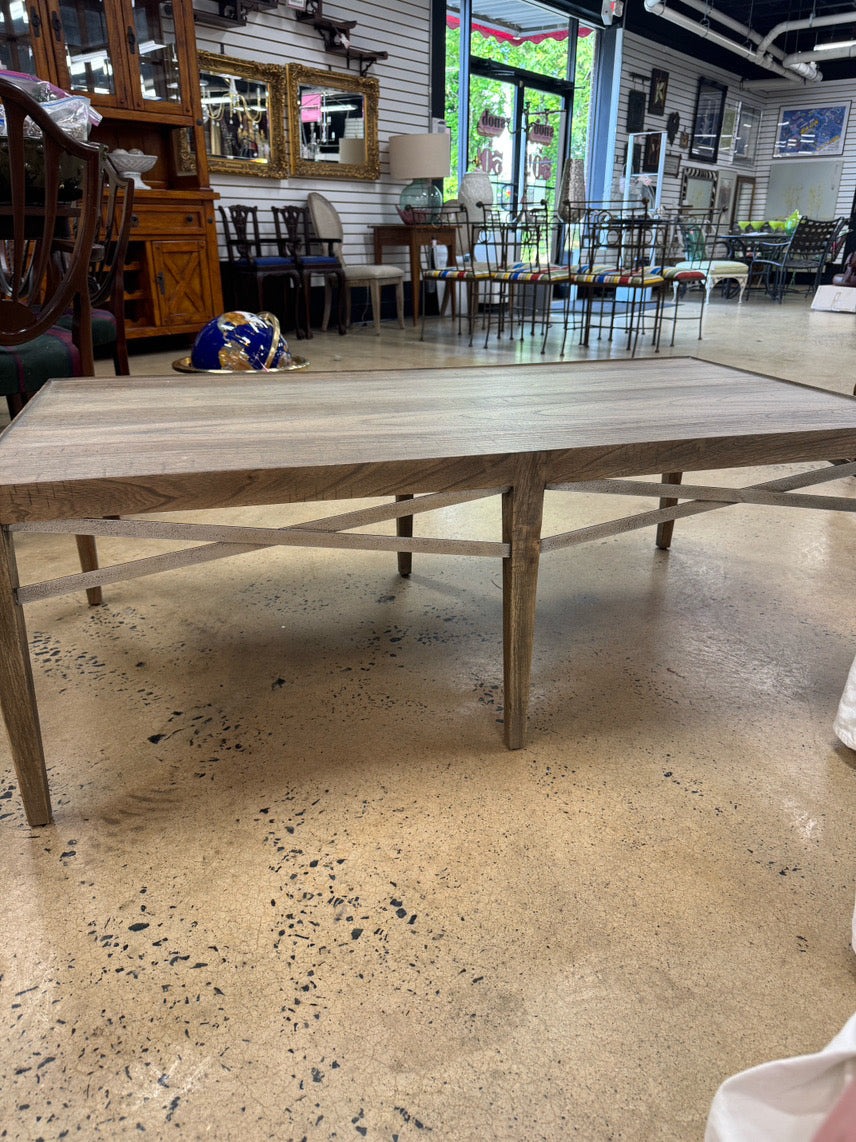 Wood Gray Wash Coffee Table w/ Metal Stretchers Detail