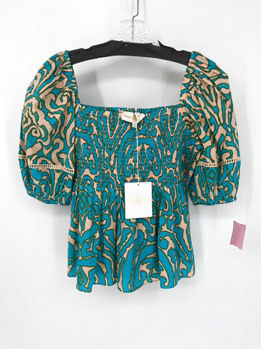 ANNA CATE Size M Turquoise Print Rouching Violet Blouse NWT