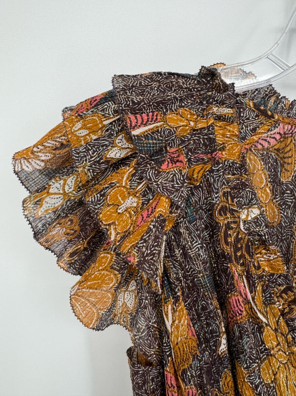 ULLA JOHNSON Size 4 Brown & Gold Floral Dress